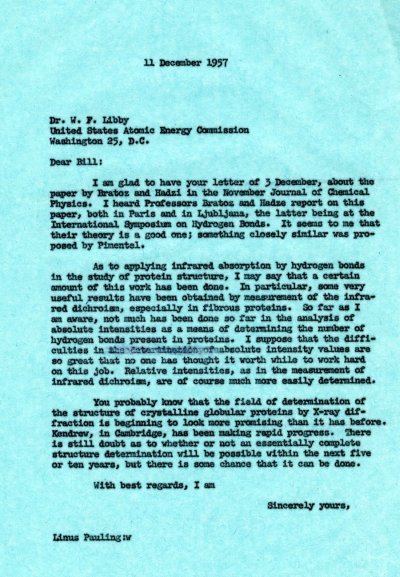 Letter from Linus Pauling to Dr. Willard F. Libby. Page 1. December 11, 1957