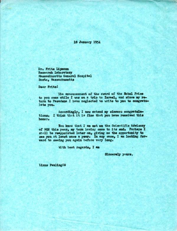 Letter from Linus Pauling to Fritz Lipmann. Page 1. January 18, 1954