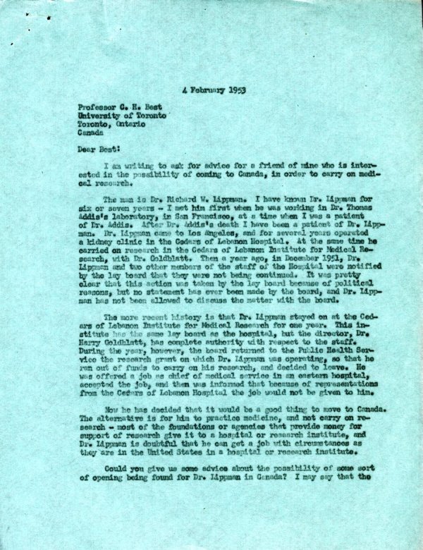 Letter from Linus Pauling to C.H. Best. Page 1. February 4, 1953