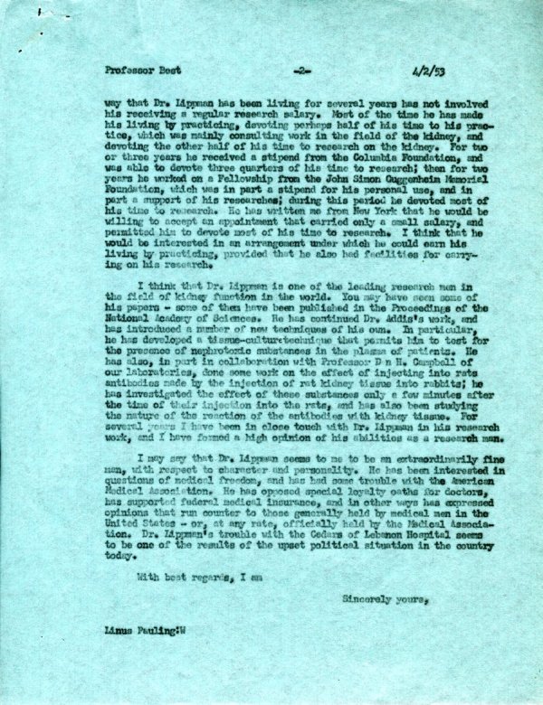 Letter from Linus Pauling to C.H. Best. Page 2. February 4, 1953