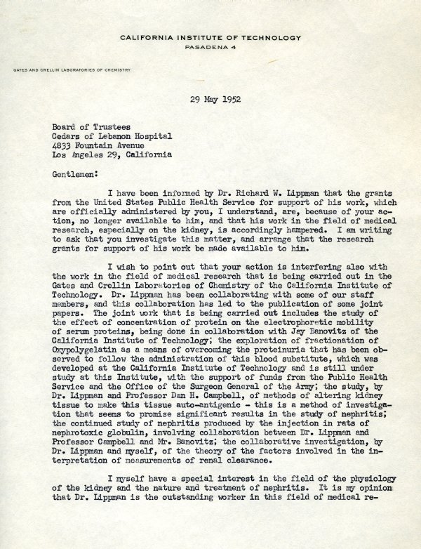 Letter from Linus Pauling to the Board of Trustees, Cedars of Lebanon Hospital. Page 1. May 29, 1952