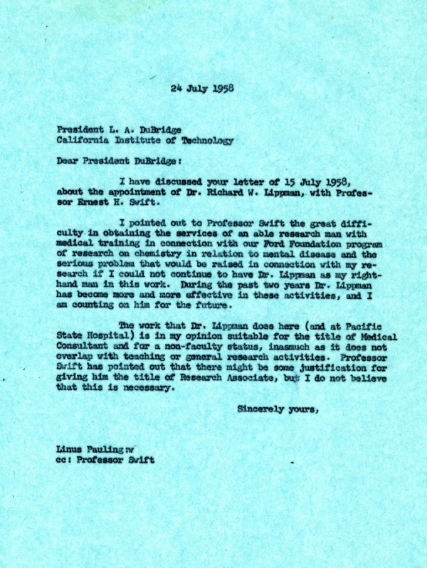 Letter from Linus Pauling to Lee DuBridge. Page 1. July 24, 1958