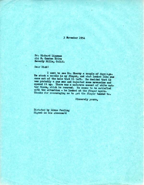 Letter from Linus Pauling to Richard Lippman Page 1. November 3, 1954