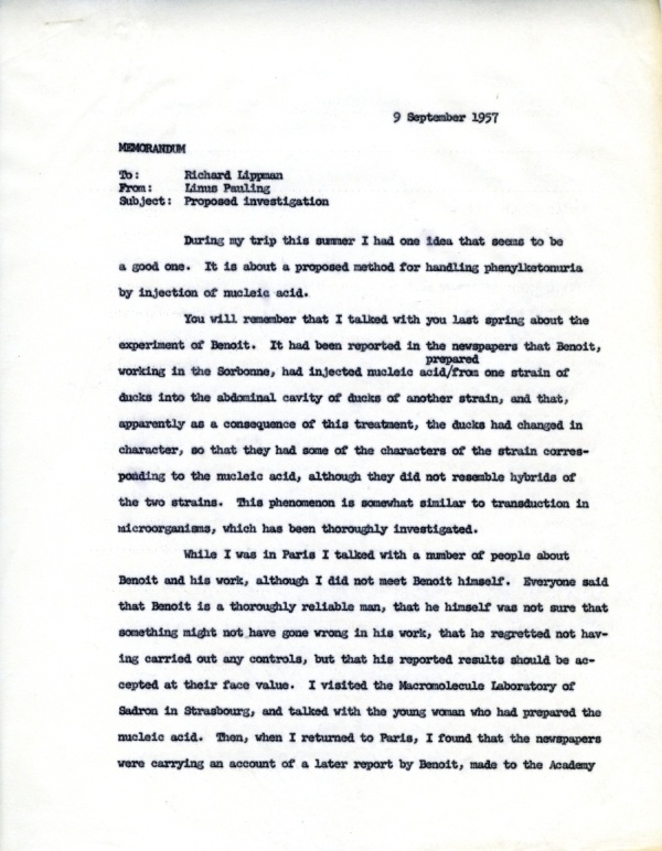 Letter from Linus Pauling to Richard Lippman Page 1. September 9, 1957