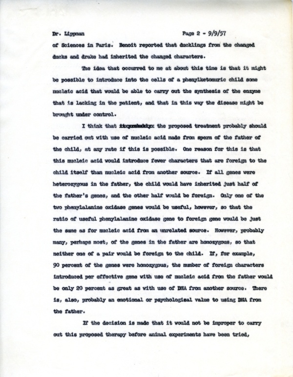 Letter from Linus Pauling to Richard Lippman Page 2. September 9, 1957