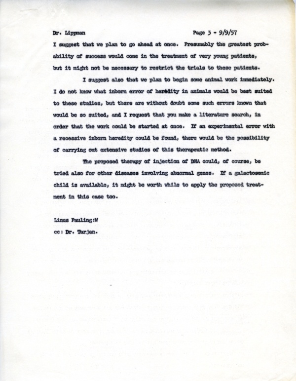 Letter from Linus Pauling to Richard Lippman Page 3. September 9, 1957