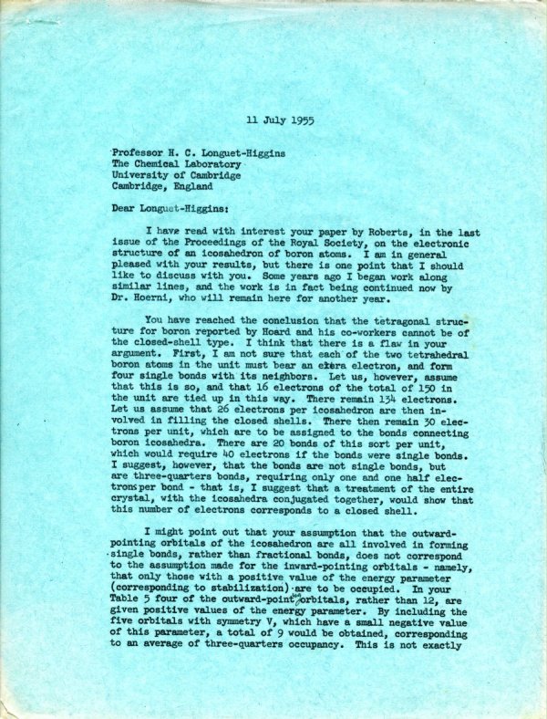 Letter from Linus Pauling to H.C. Longuet-Higgins Page 1. July 11, 1955