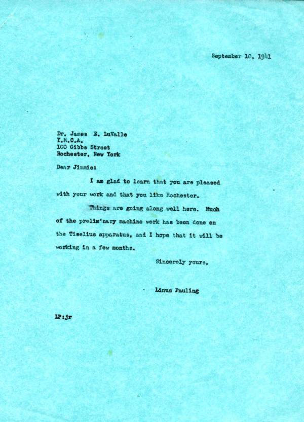 Letter from Linus Pauling to James E. LuValle. Page 1. September 10, 1941
