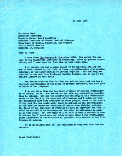Letter from Linus Pauling to Aaron Ganz. Page 1. June 13, 1963