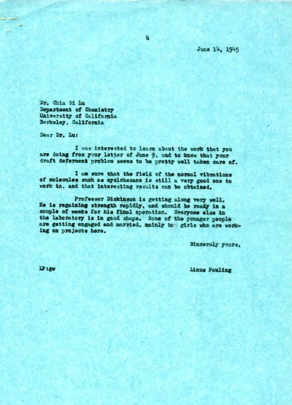 Letter from Linus Pauling to Chia Si Lu. Page 1. June 14, 1945
