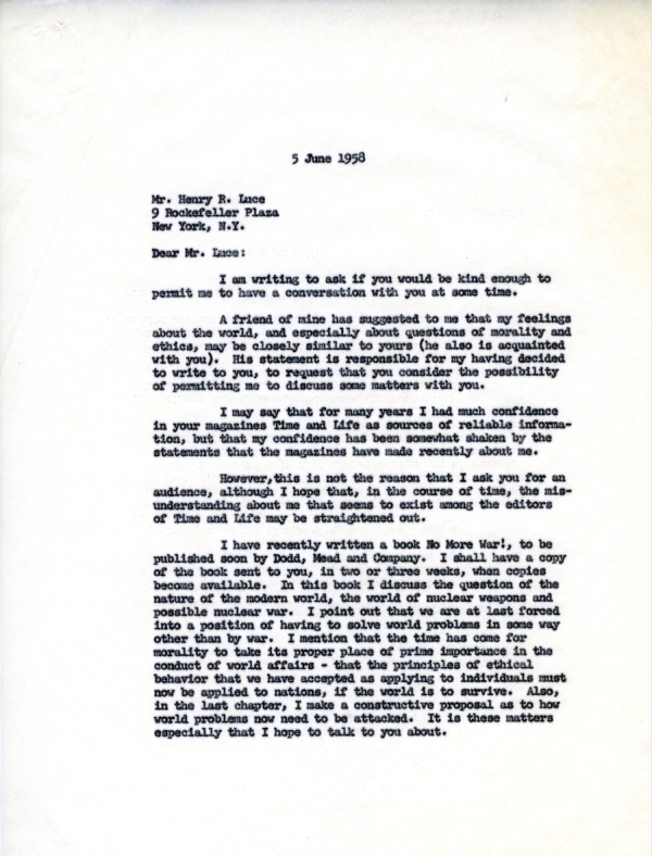 Letter from Linus Pauling to Henry R. Luce Page 1. June 5, 1958
