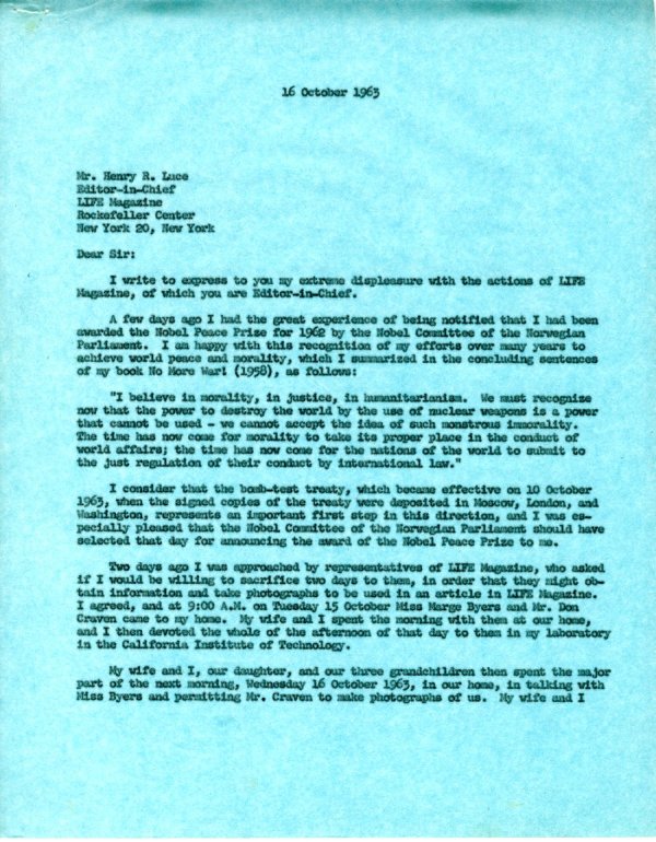 Letter from Linus Pauling to Henry R. Luce. Page 1. October 16, 1963