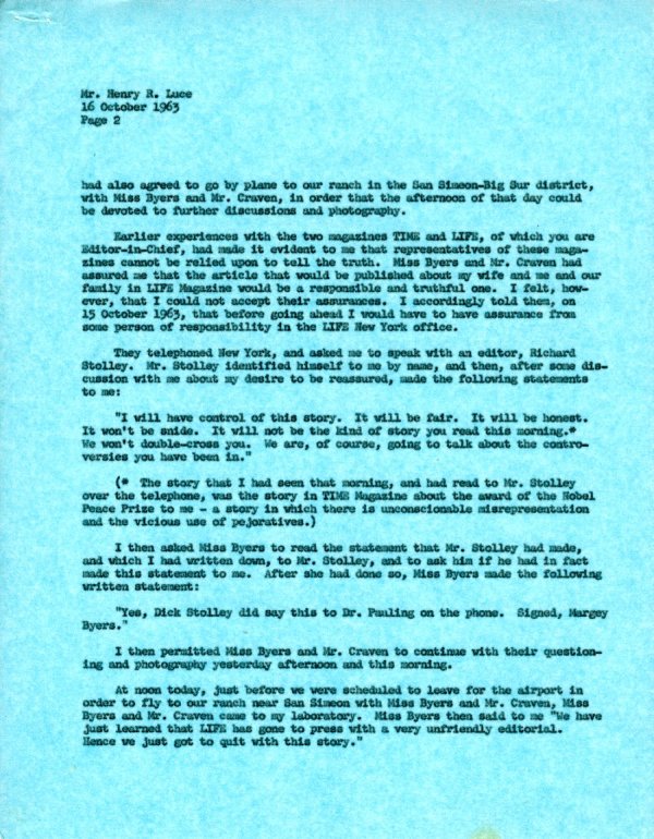 Letter from Linus Pauling to Henry R. Luce. Page 2. October 16, 1963