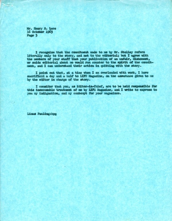 Letter from Linus Pauling to Henry R. Luce. Page 3. October 16, 1963