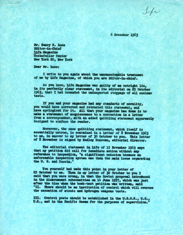 Letter from Linus Pauling to Henry R. Luce. Page 1. December 6, 1963