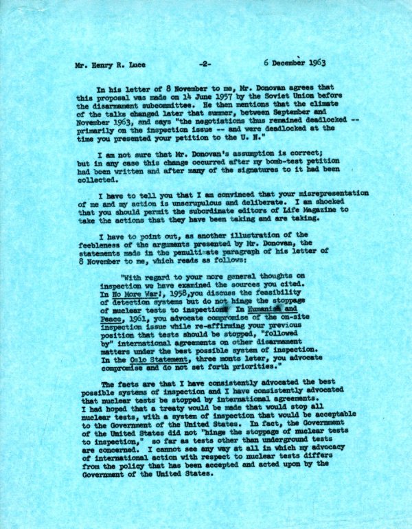 Letter from Linus Pauling to Henry R. Luce. Page 2. December 6, 1963