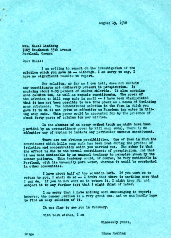 Letter from Linus Pauling to Hazel Lindberg. Page 1. August 19, 1946