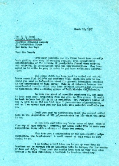 Letter from Linus Pauling to S.D. Beard. Page 1. March 17, 1947