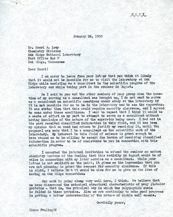 Letter from Linus Pauling to Henri Levy. Page 1. January 26, 1950