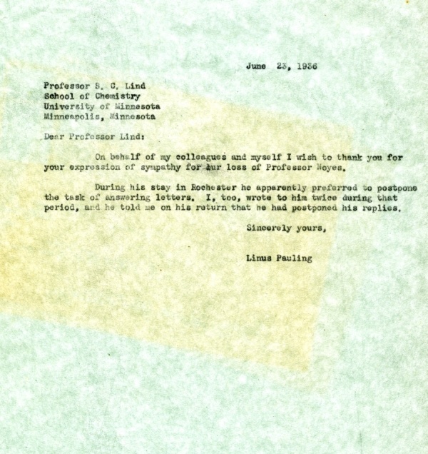 Letter from Linus Pauling to S.C. Lind Page 1. June 23, 1936
