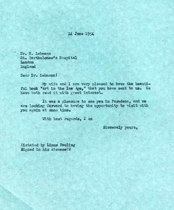 Letter from Linus Pauling to Hermann Lehmann Page 1. July 24, 1954