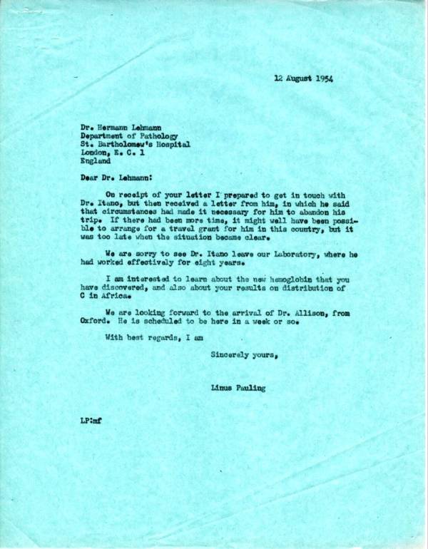 Letter from Linus Pauling to Hermann Lehmann Page 1. August 12, 1954
