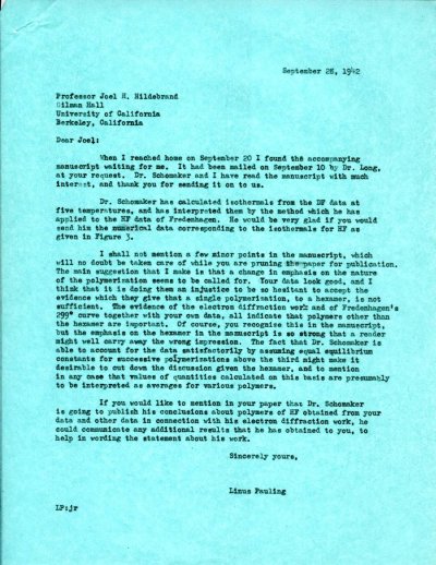 Letter from Linus Pauling to Joel H. Hildebrand. Page 1. September 28, 1942