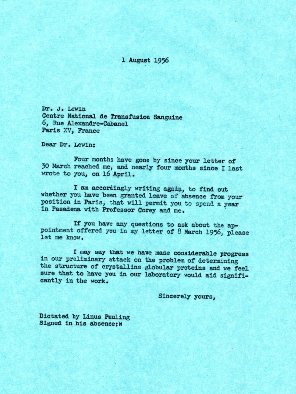 Letter from Linus Pauling to J. Lewin. Page 1. August 1, 1956