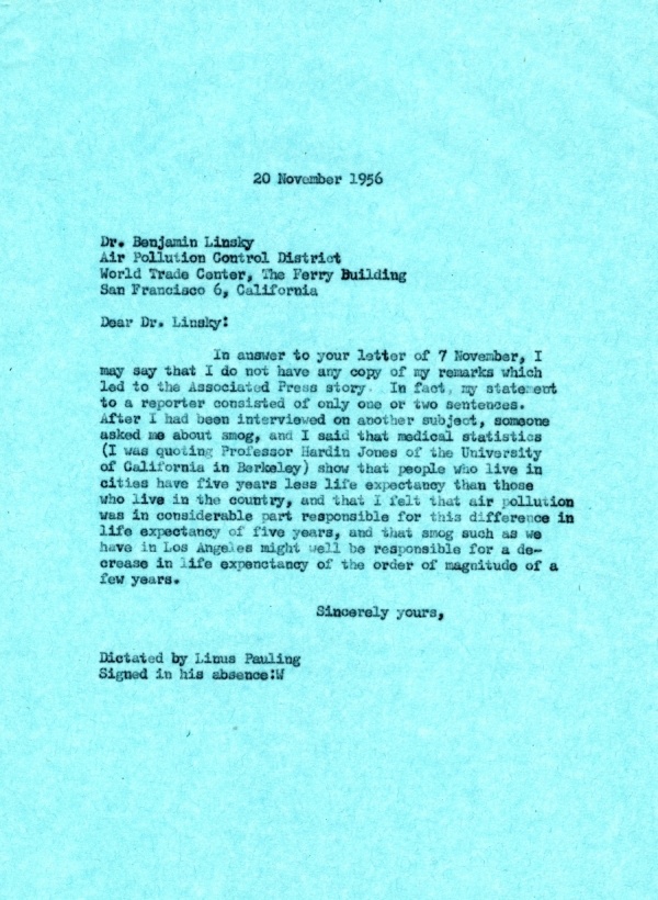 Letter from Linus Pauling to Benjamin Linsky. Page 1. November 20, 1956