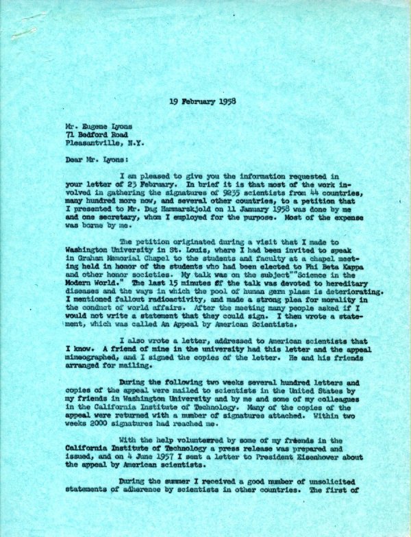 Letter from Linus Pauling to Eugene Lyons Page 1. February 19, 1958