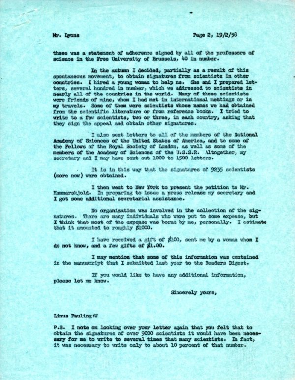 Letter from Linus Pauling to Eugene Lyons Page 2. February 19, 1958