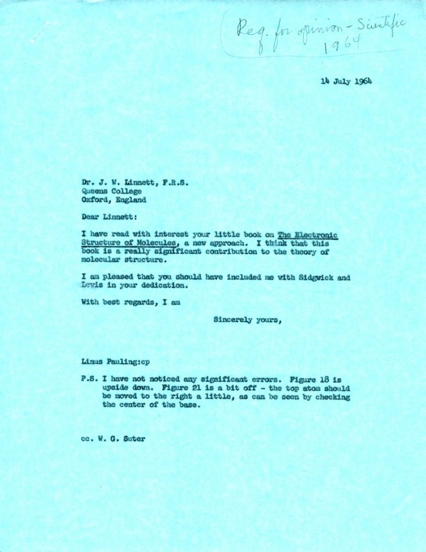 Letter from Linus Pauling to J. W. Linnett. Page 1. July 14, 1964