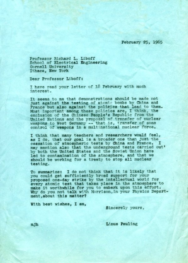 Letter from Linus Pauling to Richard Liboff. Page 1. February 25, 1965