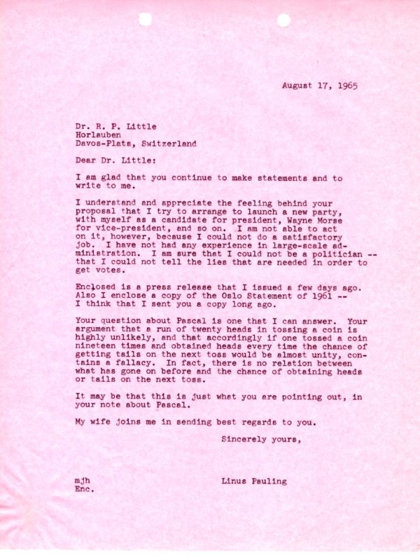 Letter from Linus Pauling to R. P. Little. Page 1. August 17, 1965