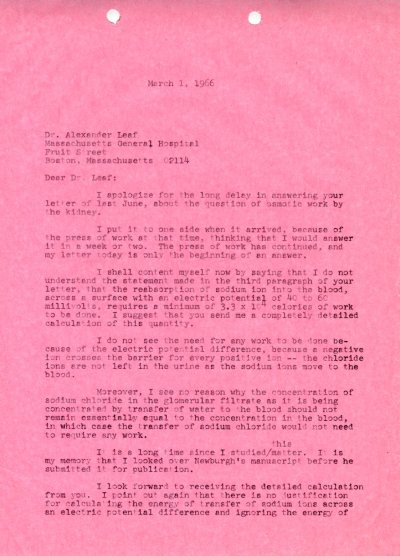 Letter from Linus Pauling to Alexander Leaf. Page 1. March 1, 1966
