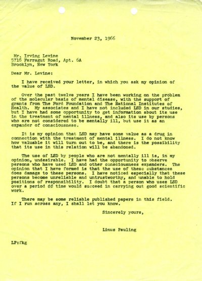 Letter from Linus Pauling to Irving Levine. Page 1. November 23, 1966