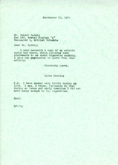 Letter from Linus Pauling to Robert Ludwig. Page 1. September 15, 1966