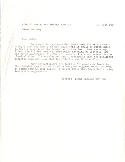 Letter from Linus Pauling to John R. Seeley and Harvey Wheeler. Page 1. July 20, 1967