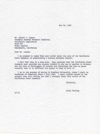 Letter from Linus Pauling to Albert J. Lipson. Page 1. May 20, 1969