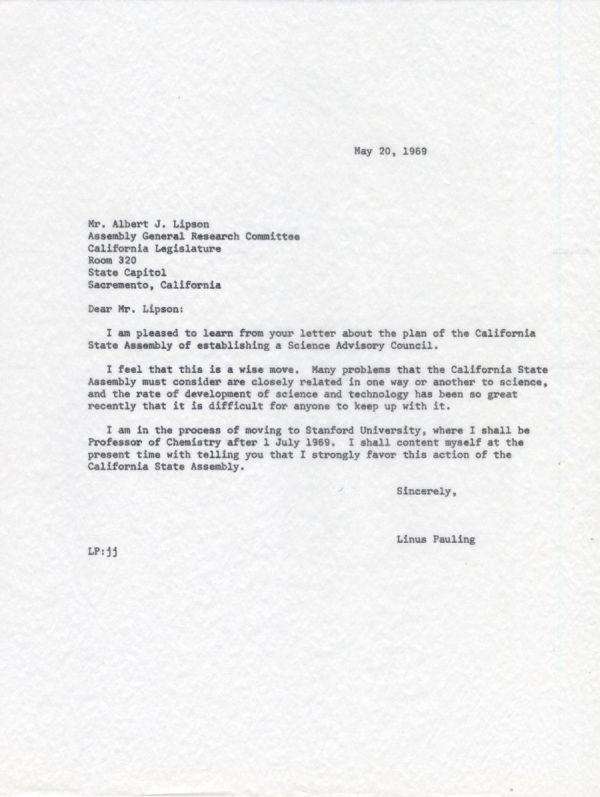 Letter from Linus Pauling to Albert J. Lipson. Page 1. May 20, 1969