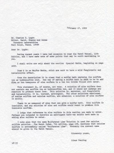 Letter from Linus Pauling to Charles E. Lyght. Page 1. February 17, 1969