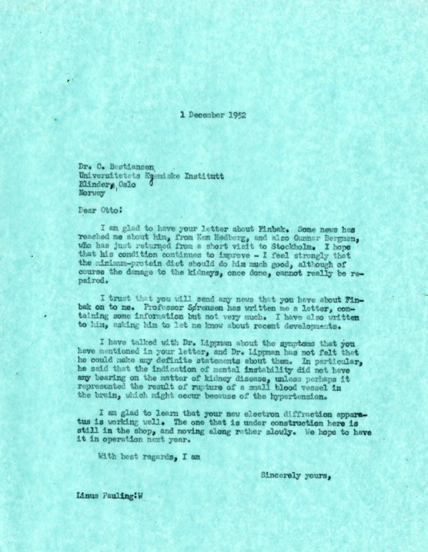 Letter from Linus Pauling to Otto Bastiansen. Page 1. December 1, 1952