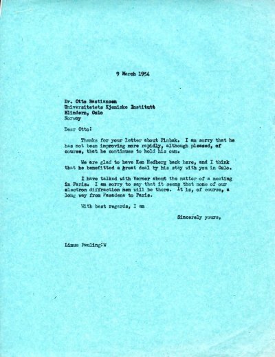 Letter from Linus Pauling to Otto Bastiansen. Page 1. March 9, 1954