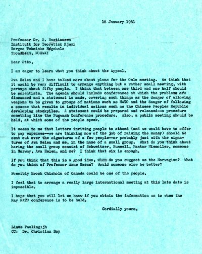 Letter from Linus Pauling to Otto Bastiansen. Page 1. January 16, 1961