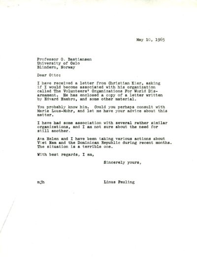 Letter from Linus Pauling to Otto Bastiansen. Page 1. May 10, 1965