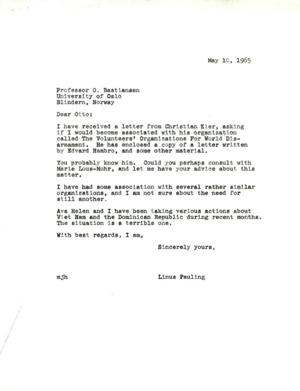 Letter from Linus Pauling to Otto Bastiansen. Page 1. May 10, 1965