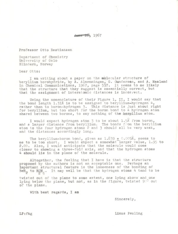 Letter from Linus Pauling to Otto Bastiansen. Page 1. June 26, 1967