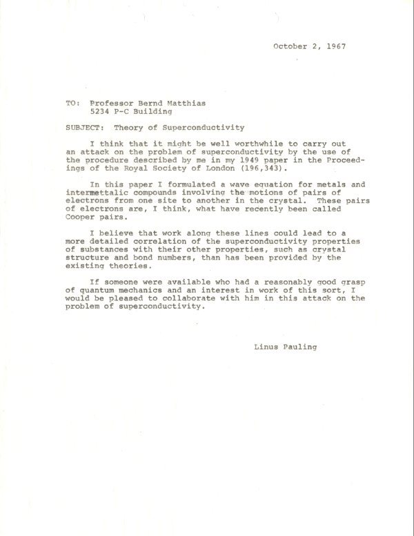 Letter from Linus Pauling to Bernd Matthias. Page 1. October 2, 1967