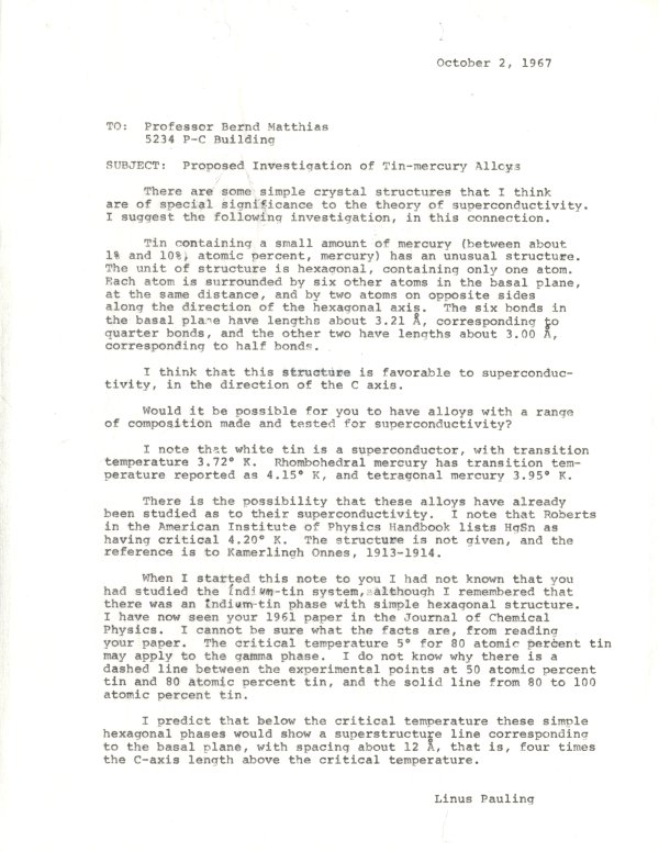 Letter from Linus Pauling to Bernd Matthias. Page 2. October 2, 1967