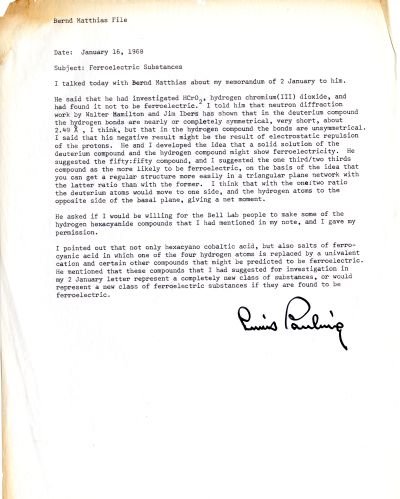 Pauling Note to Self re: ferroelectric substances. Page 1. January 16, 1968